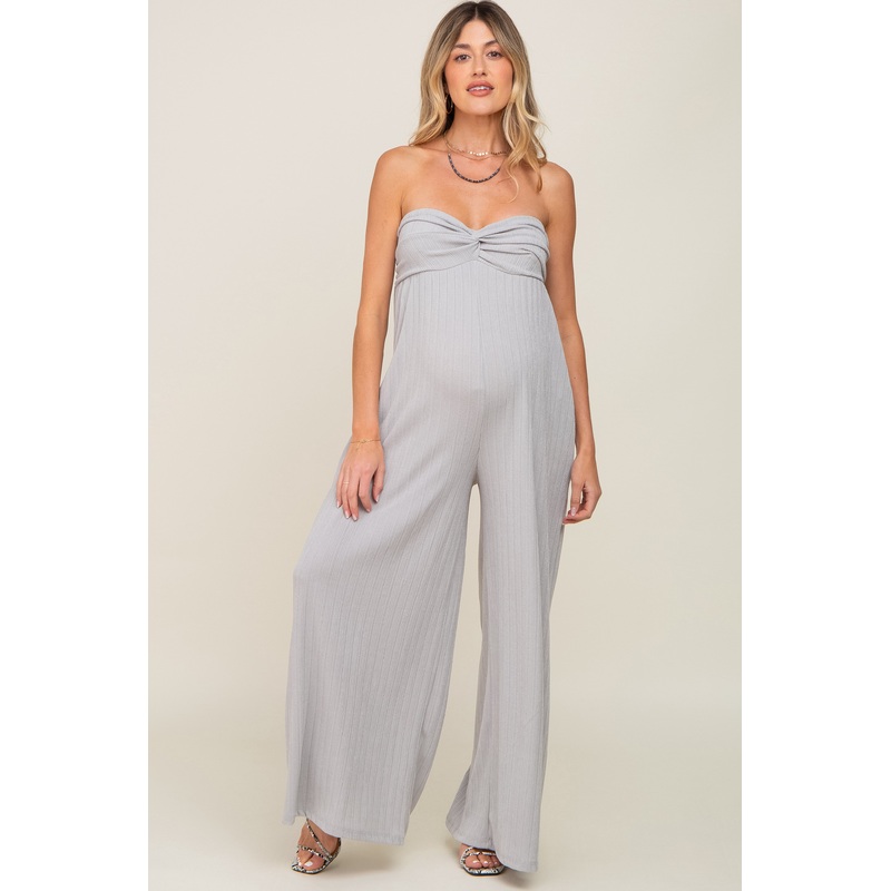 Grey Strapless Front Twist Maternity Jumpsuit