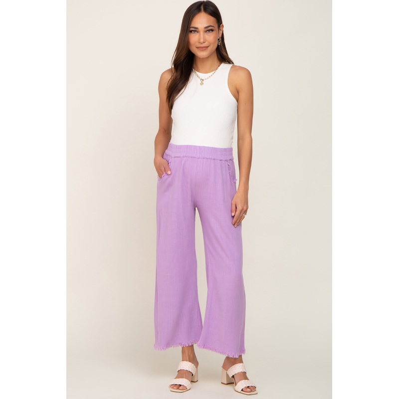 Lavender Linen Frayed Hem Crop Maternity Pants