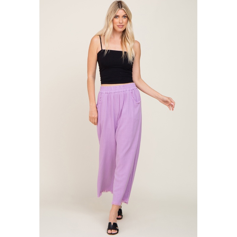 Lavender Linen Frayed Hem Crop Pants