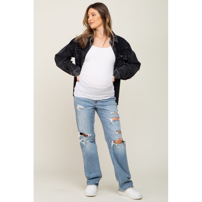 Light Blue Distressed Straight Maternity Jeans