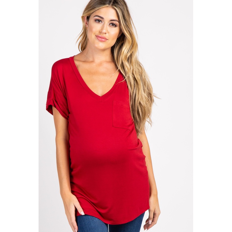 Red Solid Pocket Front Maternity Top