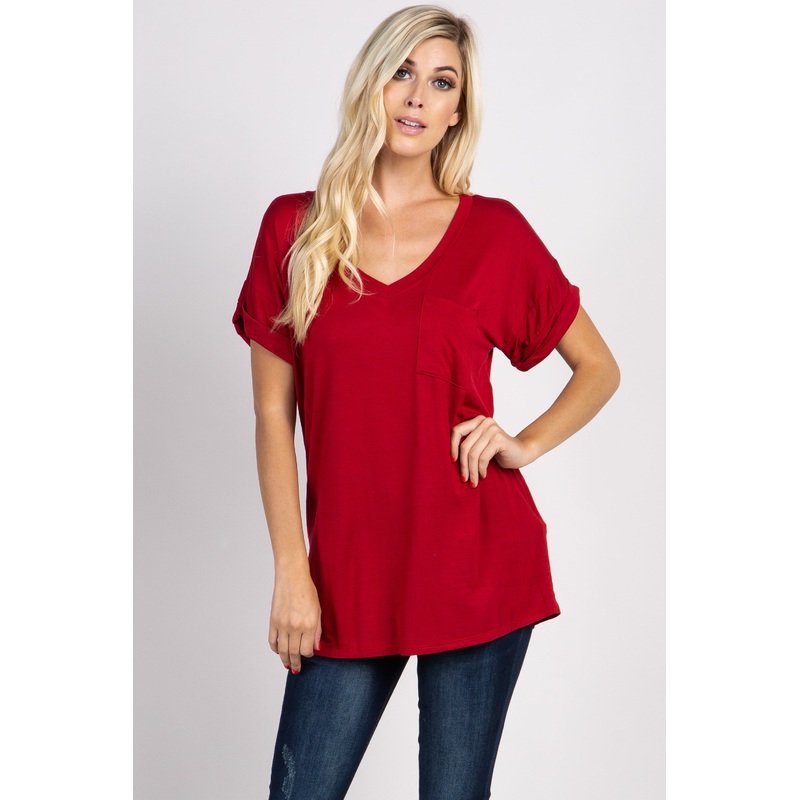 Red Solid Pocket Front Top