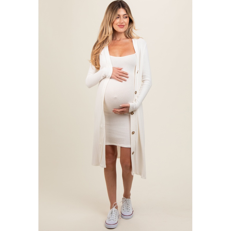 White Ribbed Soft Knit Dress Cardigan Maternity Set