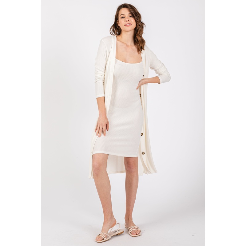 White Ribbed Soft Knit Dress Cardigan Set