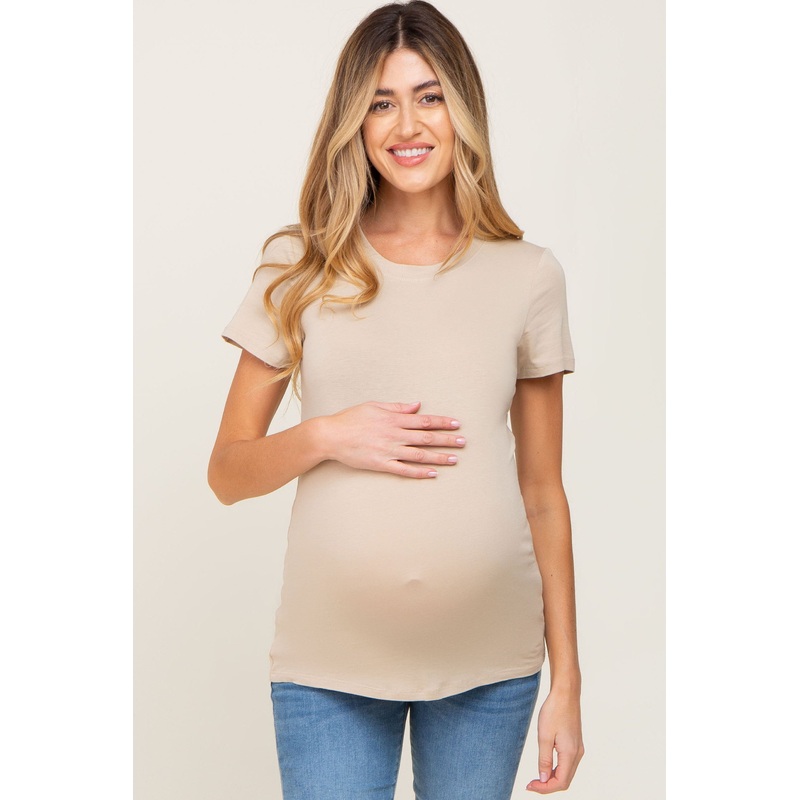Beige Basic Crew Neck Maternity Tee