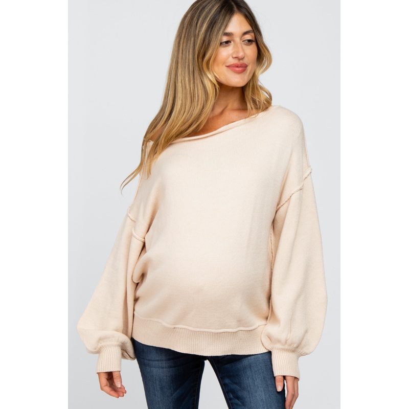 Beige Boat Neck Bubble Sleeve Maternity Sweater