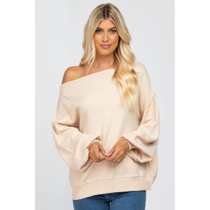 Beige Boat Neck Bubble Sleeve Sweater