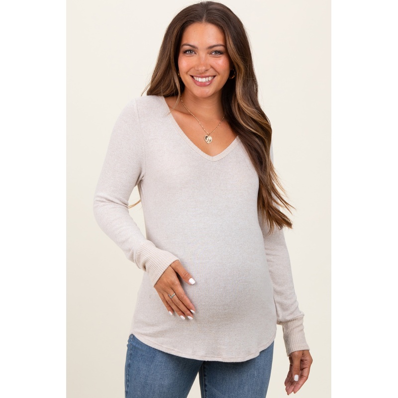Beige Brushed Knit Relaxed V-Neck Long Sleeve Maternity Top