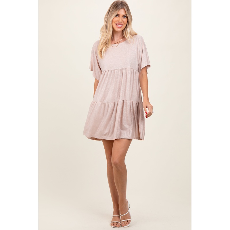 Beige Glitter Flutter Sleeve Tiered Dress