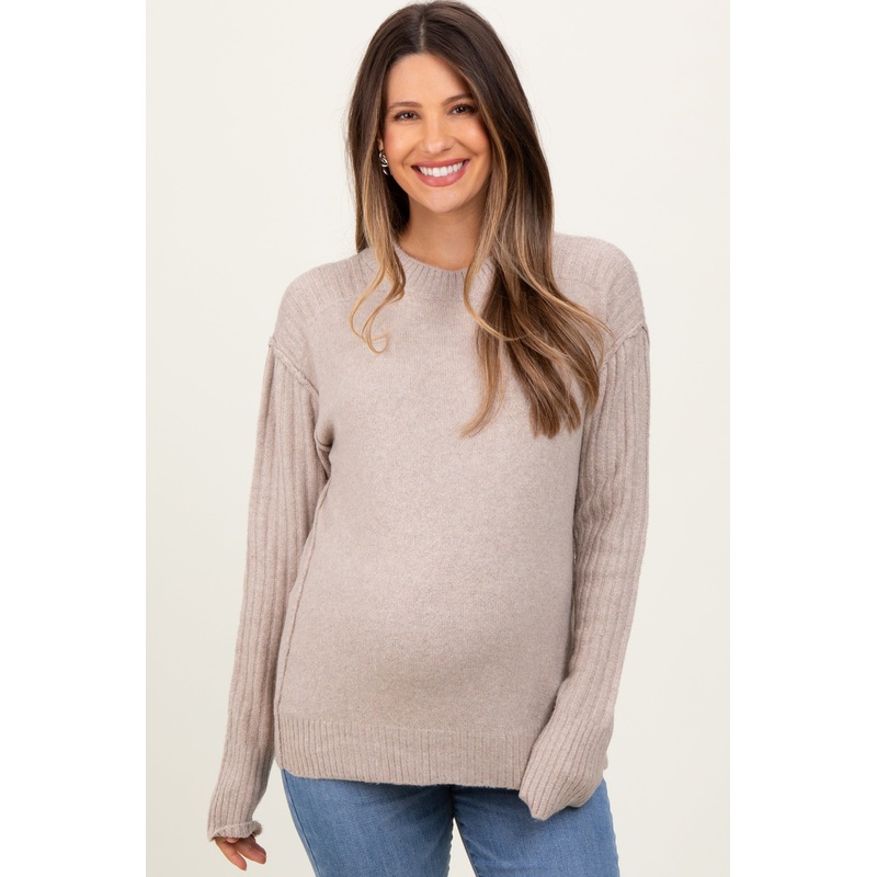 Beige Long Sleeve Raised Seam Maternity Sweater