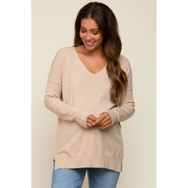 Beige Long Sleeve Side Slit Maternity Sweater