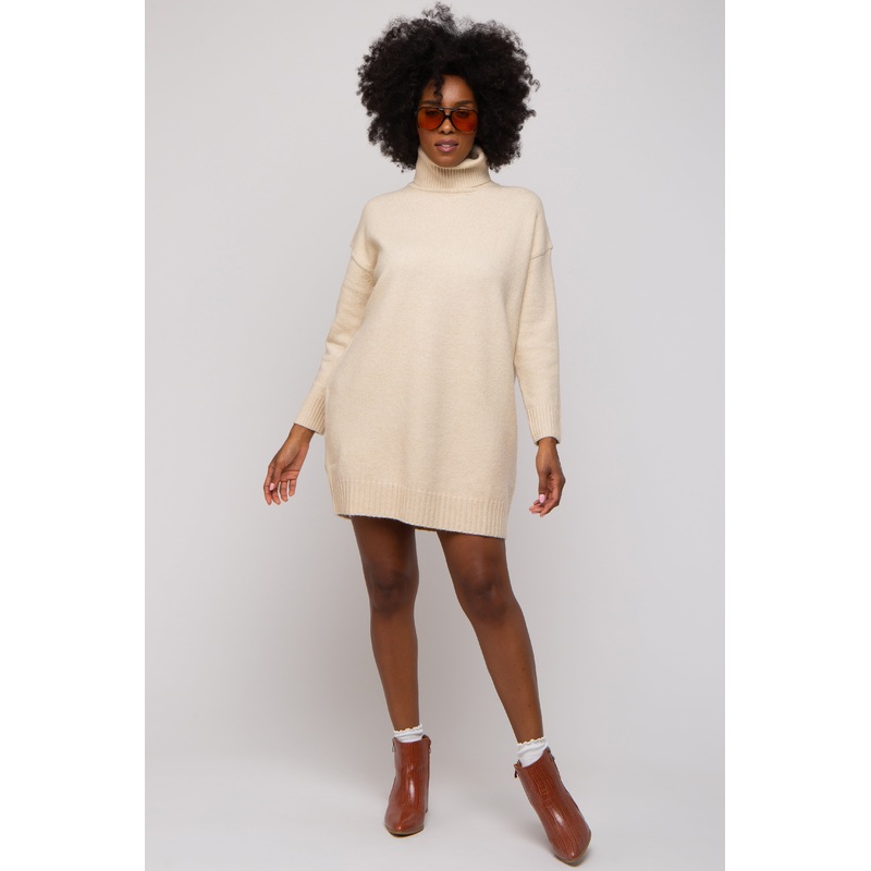 Beige Turtleneck Sweater Mini Dress