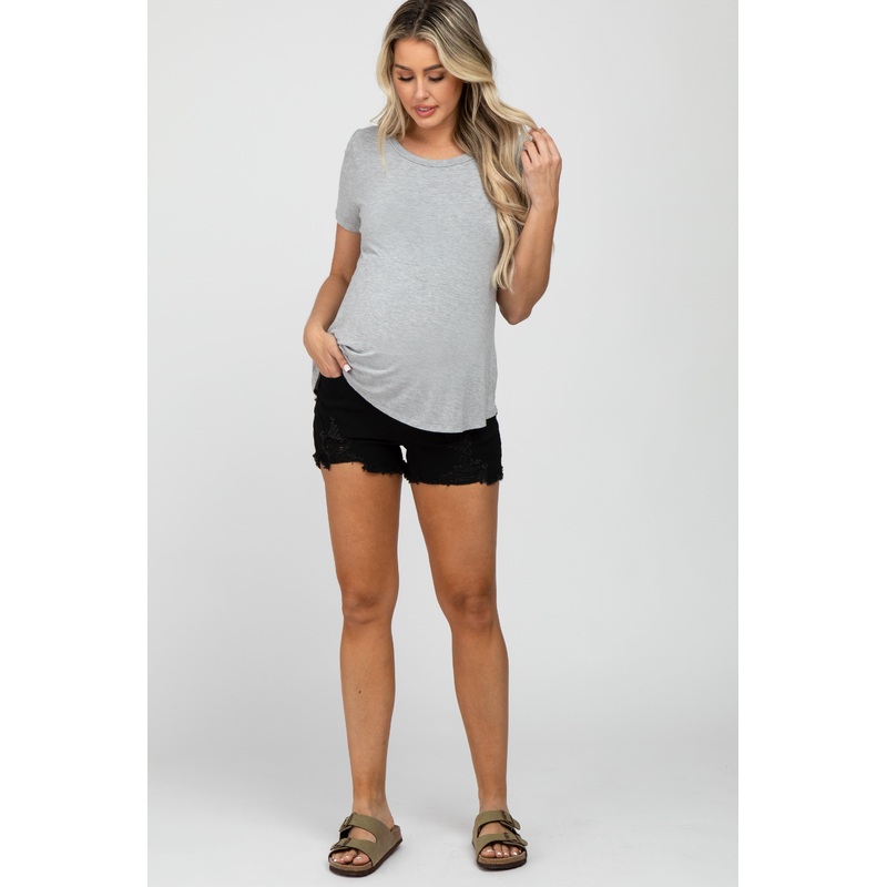 Black Distressed Fringe Hem Maternity Jean Shorts