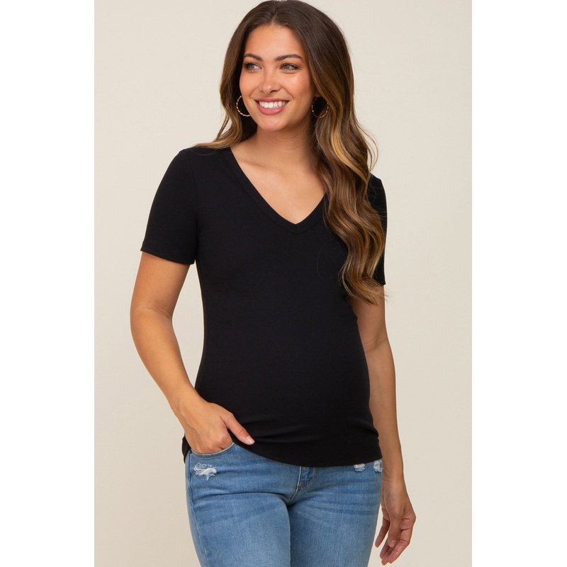 Black Ribbed V-Neck Maternity Top