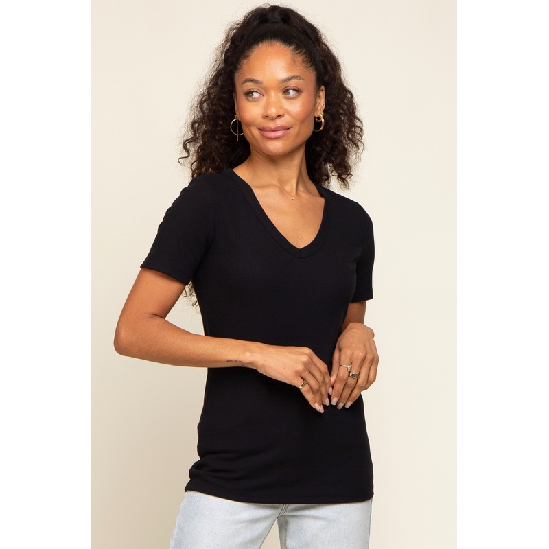 Black Ribbed V-Neck Top
