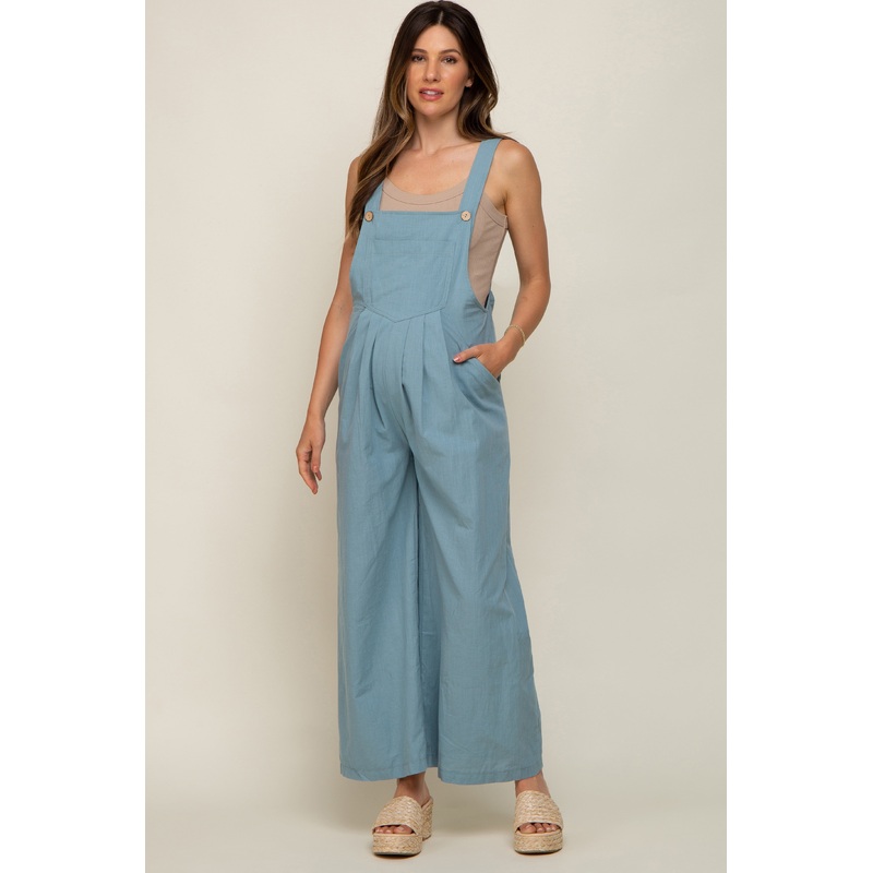 Blue Front Pocket Pleated Linen Maternity Overall
