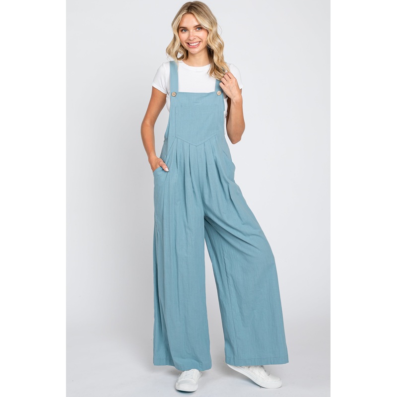 Blue Front Pocket Pleated Linen Overall