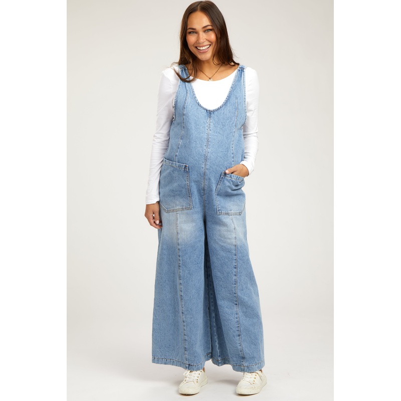 Blue Round Neck Wide Leg Maternity Overalls