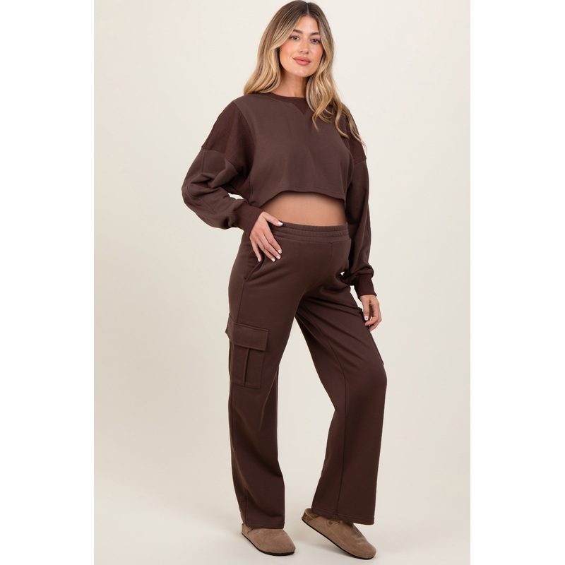 Brown Oversized Crop Sweatshirt Cargo Sweatpant Maternity Set