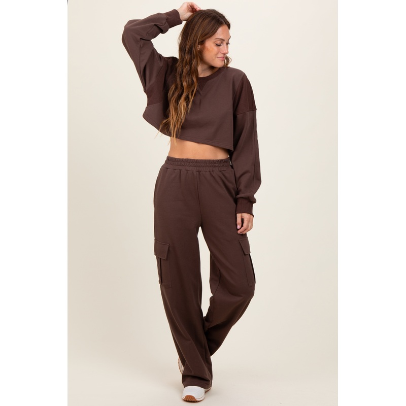 Brown Oversized Crop Sweatshirt Cargo Sweatpant Set