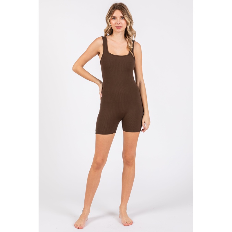 Brown Ribbed Square Neck Sleeveless Romper