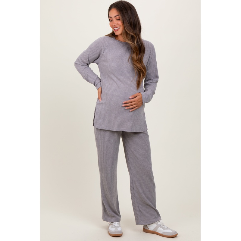 Heather Grey Ribbed Brushed Knit Long Sleeve Pant Maternity Set