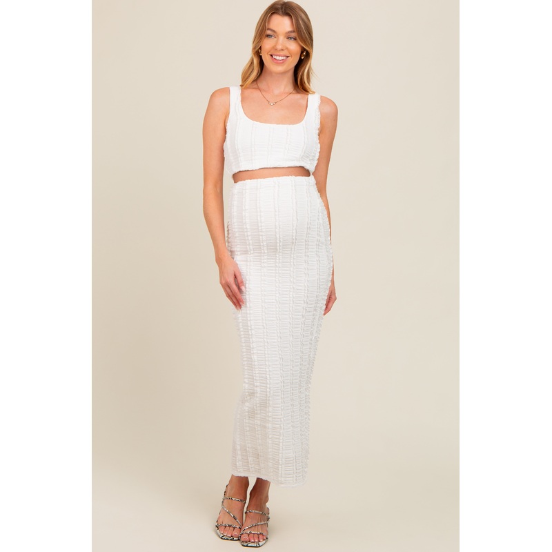 Ivory Crop Top Side Ruched Long Pencil Skirt Maternity Set