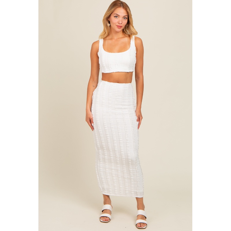 Ivory Crop Top Side Ruched Long Pencil Skirt Set