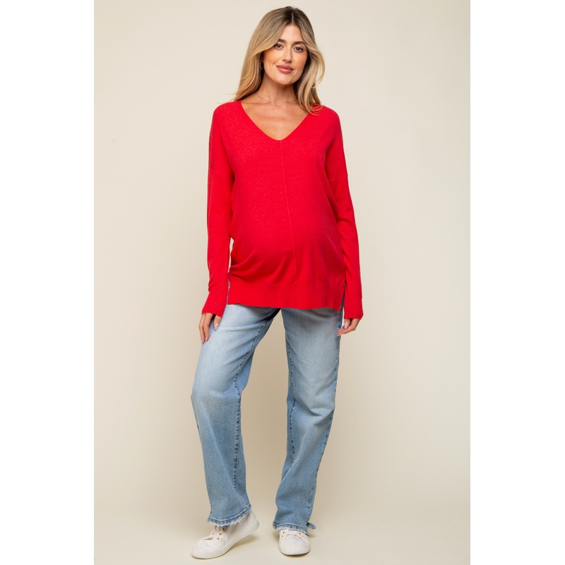 Red Long Sleeve Side Slit Maternity Sweater