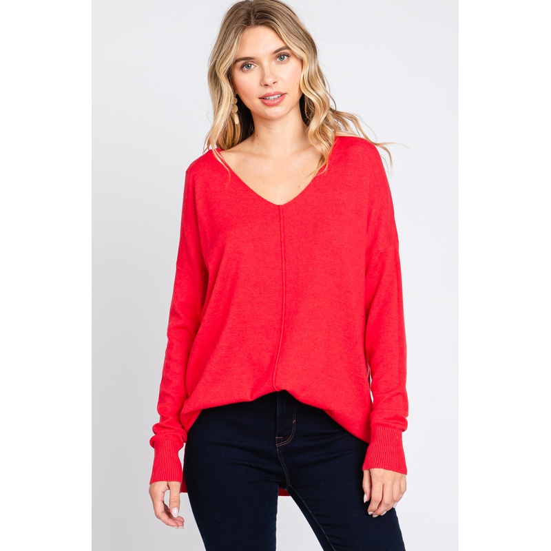 Red Long Sleeve Side Slit Sweater