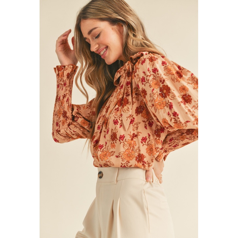 Rose Bud Multi Floral Tie Neck Smocked Sleeve Top