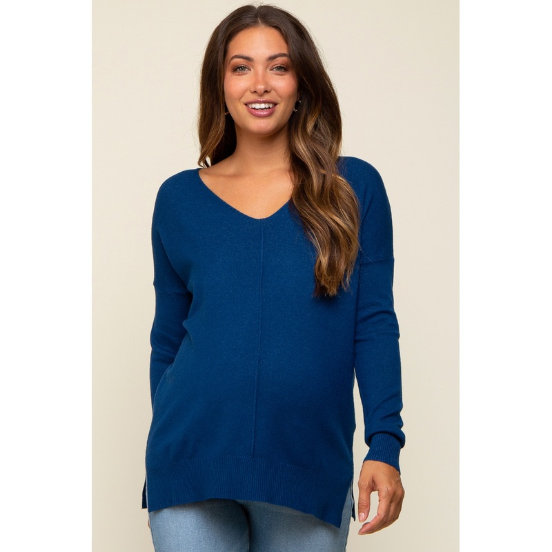 Royal Blue Long Sleeve Side Slit Maternity Sweater