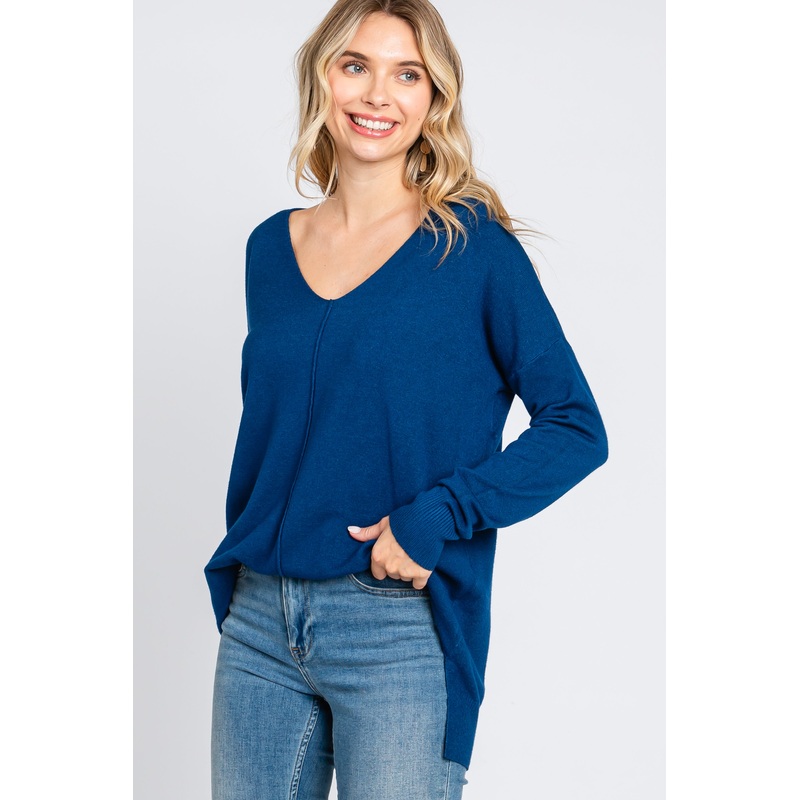 Royal Blue Long Sleeve Side Slit Sweater