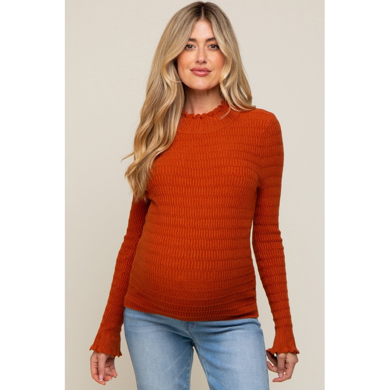Rust Textured Knit Ruffle Mock Neck Maternity Top