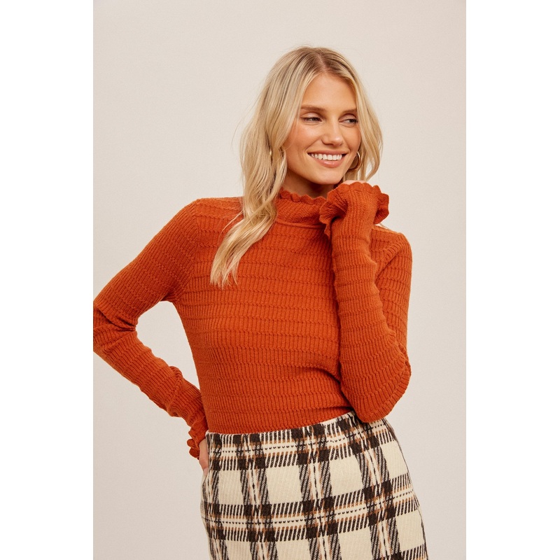 Rust Textured Knit Ruffle Mock Neck Top