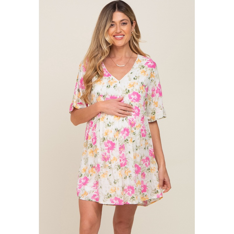 White Floral Babydoll Maternity Dress