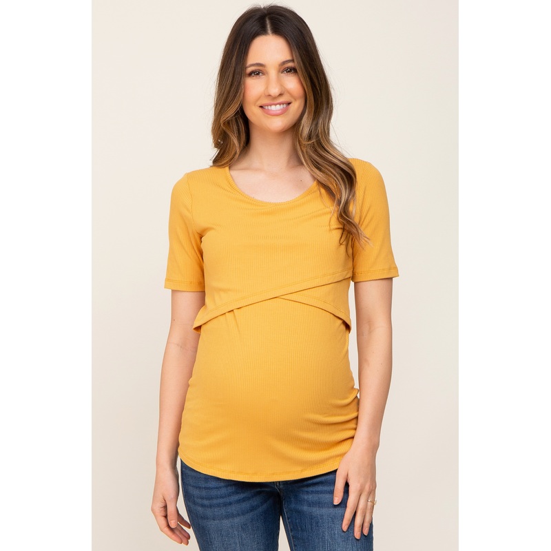 Yellow Ribbed Wrap Front Maternity/Nursing Top
