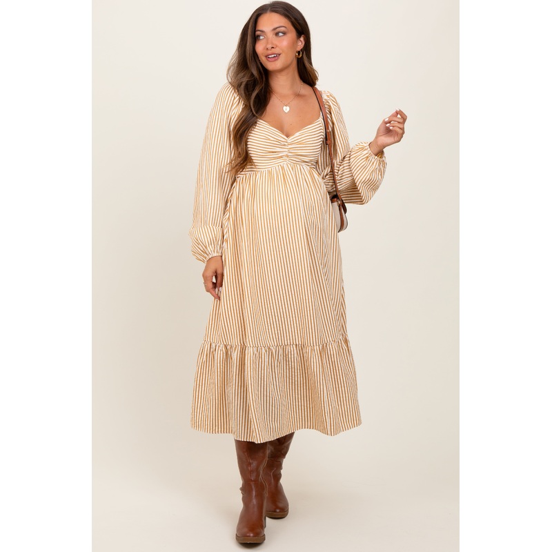 Yellow Striped Ruched Bodice Balloon Sleeved Maternity Midi Dress