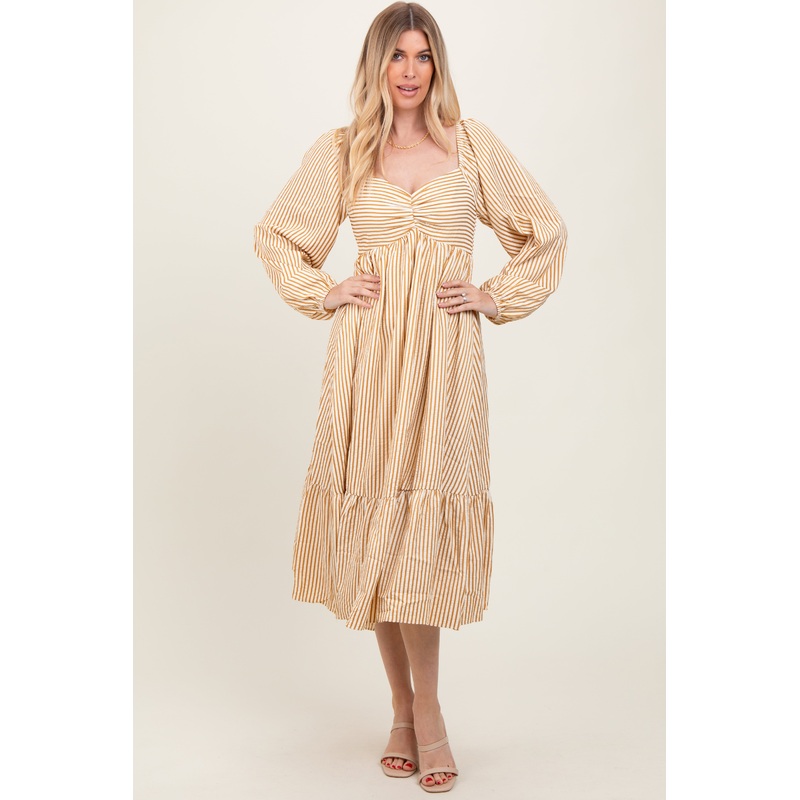 Yellow Striped Ruched Bodice Balloon Sleeved Midi Dress