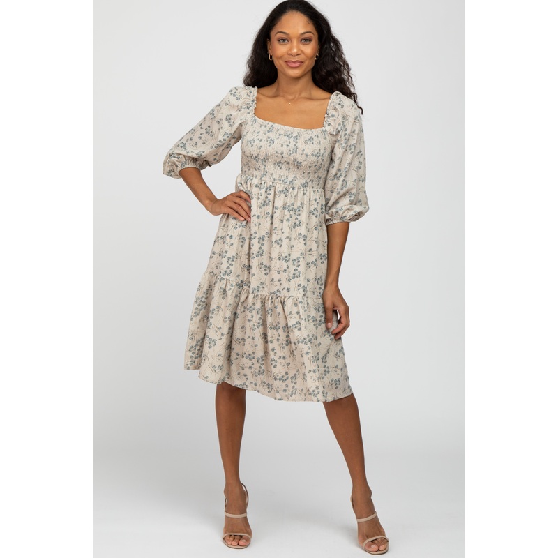 Beige Floral Tiered Dress