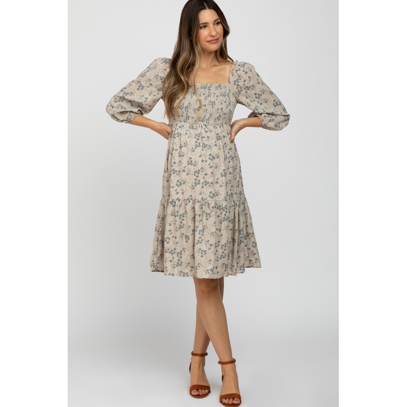 Beige Floral Tiered Maternity Dress
