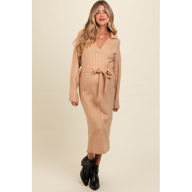 Beige Ribbed Sweater Collared Maternity Midi Dress