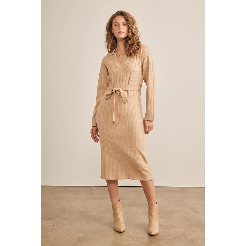 Beige Ribbed Sweater Collared Midi Dress