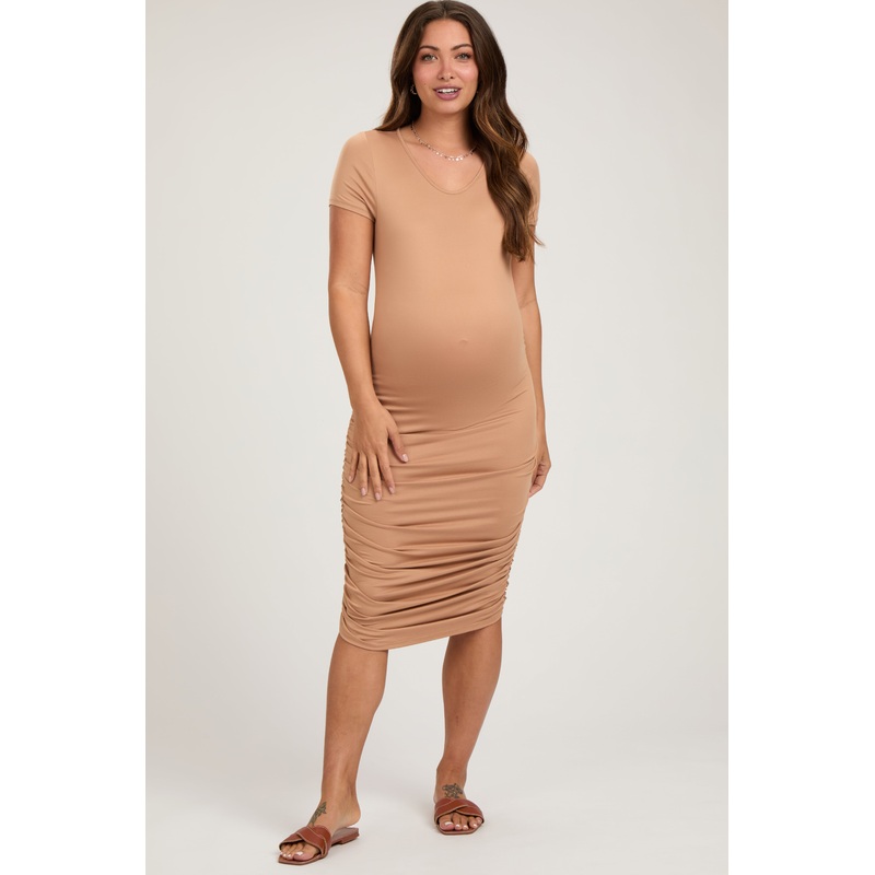 Beige Ruched Fitted Maternity Dress