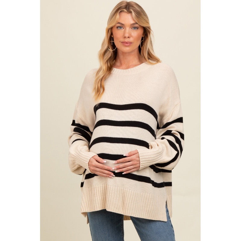 Beige Striped Oversized Side Slit Maternity Sweater