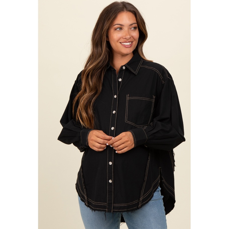 Black Contrast Stitch Button Up Collared Long Sleeve Maternity Top