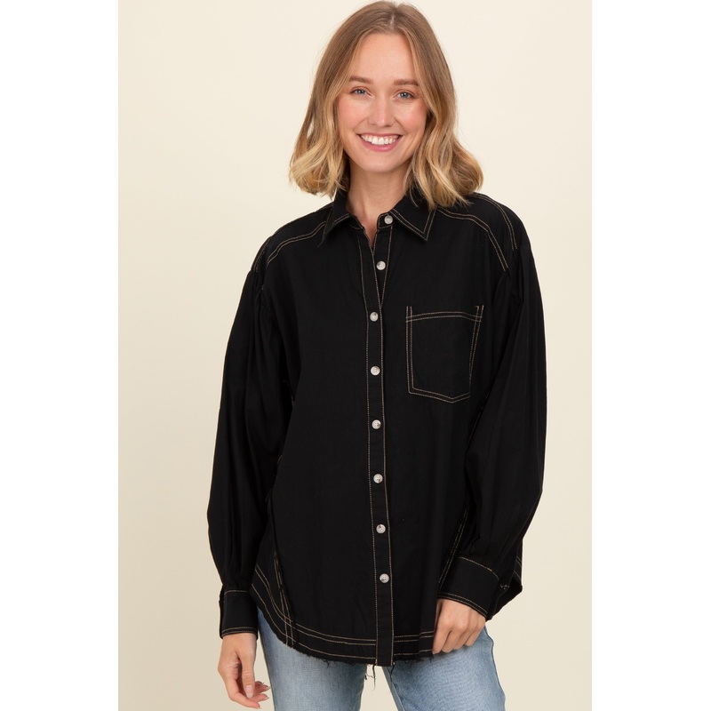 Black Contrast Stitch Button Up Collared Long Sleeve Top