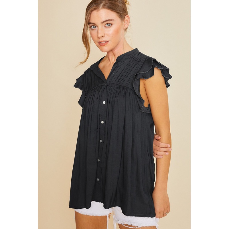 Black Ruffle Sleeve Flowy Woven Tunic