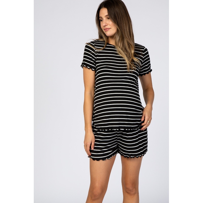 Black Striped Ruffle Trim Maternity Pajama Set