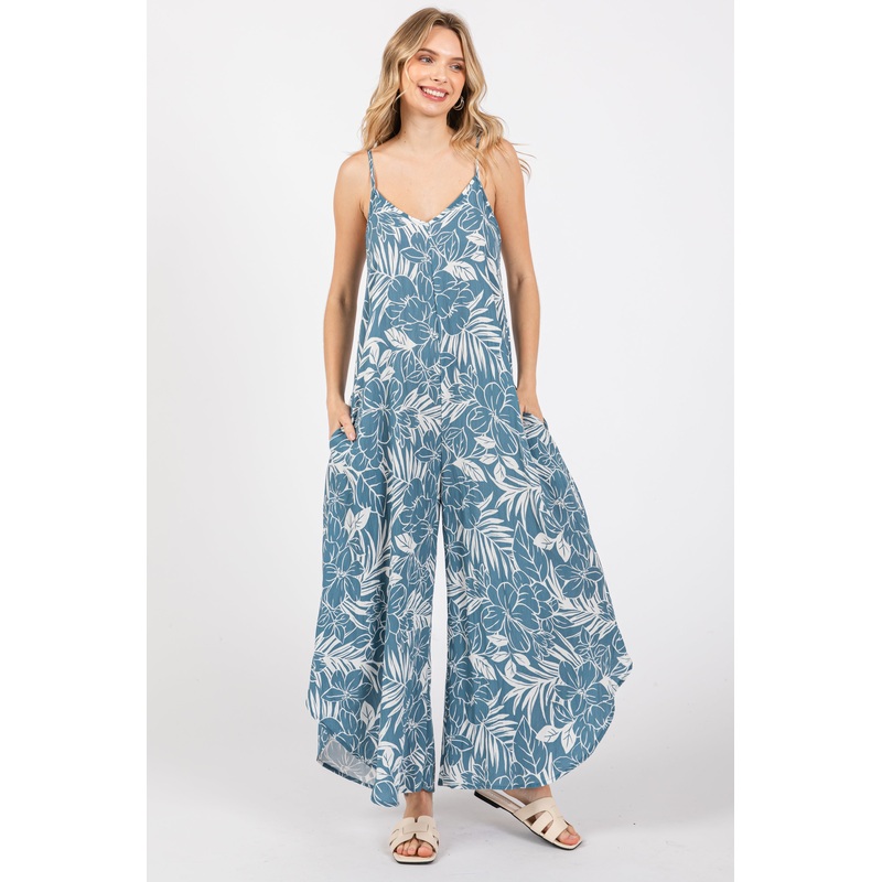 Blue Tropical Floral V-Neck Round Hem Jumpsuit